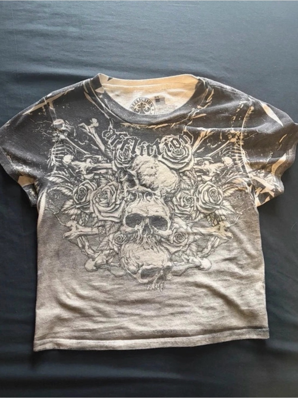Affliction Grey Graphic Skull & Rose Short Sleeve Tee
